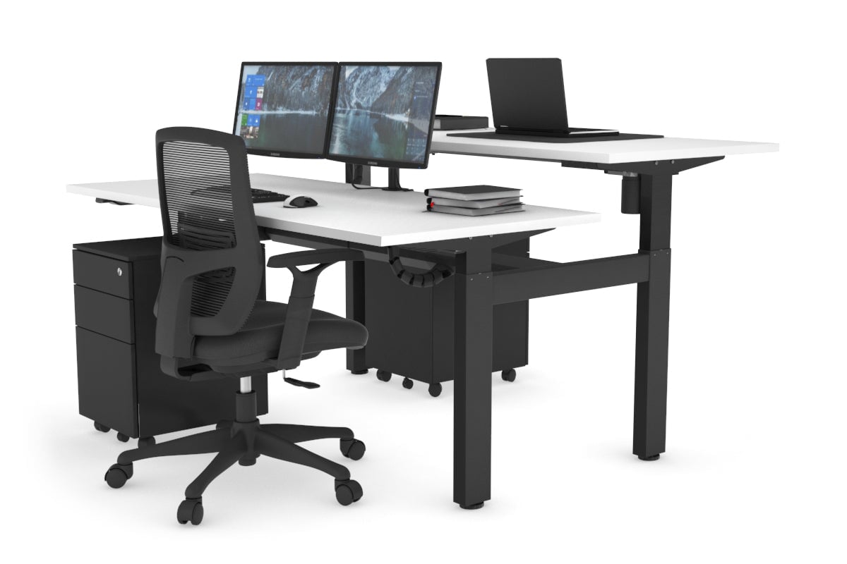 Just Right Height Adjustable 2 Person H-Bench Workstation - Black Frame [1600L x 700W] Jasonl white none black cable tray