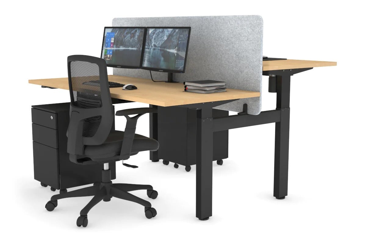 Just Right Height Adjustable 2 Person H-Bench Workstation - Black Frame [1600L x 700W] Jasonl maple light grey echo panel (820H x 1600W) none