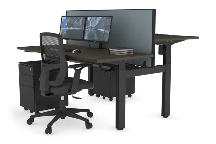 Just Right Height Adjustable 2 Person H-Bench Workstation - Black Frame [1600L x 700W] Jasonl dark oak cool grey (820H x 1600W) black cable tray