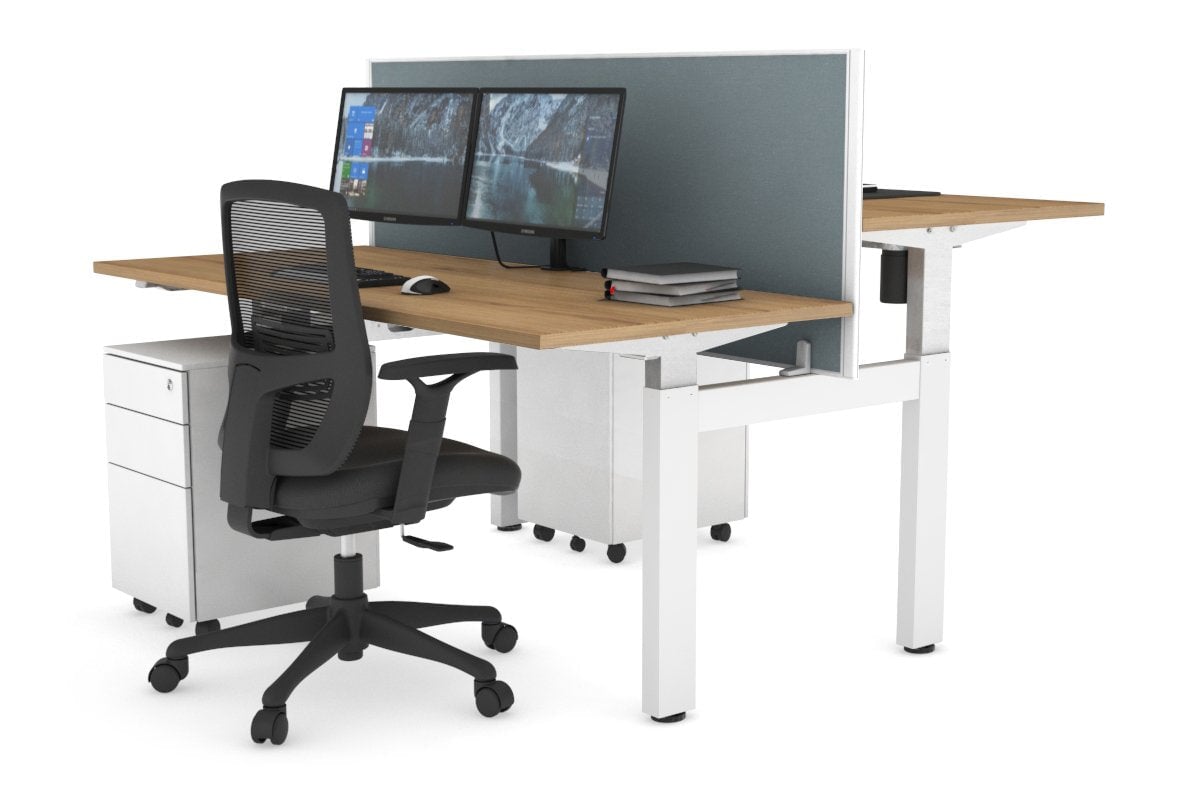Just Right Height Adjustable 2 Person H-Bench Workstation - White Frame [1200L x 700W] Jasonl salvage oak cool grey (820H x 1200W) none