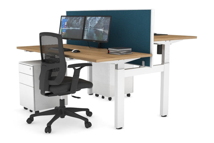 Just Right Height Adjustable 2 Person H-Bench Workstation - White Frame [1200L x 700W] Jasonl salvage oak deep blue (820H x 1200W) none