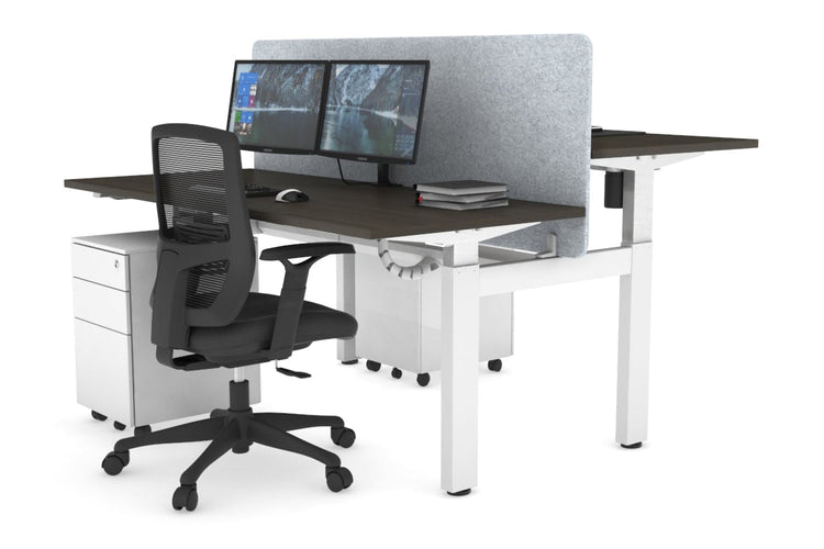 Just Right Height Adjustable 2 Person H-Bench Workstation - White Frame [1200L x 700W] Jasonl dark oak light grey echo panel (820H x 1200W) white cable tray