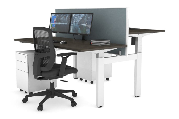 Just Right Height Adjustable 2 Person H-Bench Workstation - White Frame [1200L x 700W] Jasonl dark oak cool grey (820H x 1200W) none