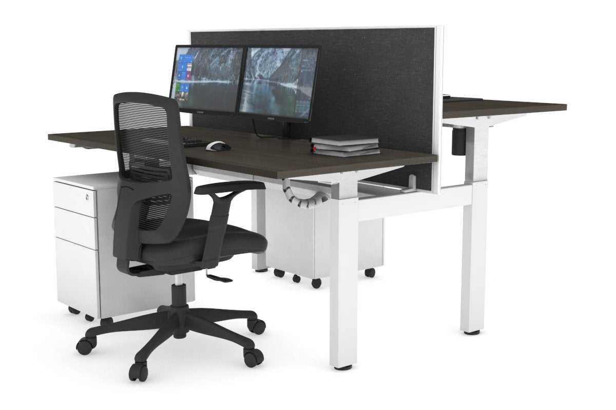 Just Right Height Adjustable 2 Person H-Bench Workstation - White Frame [1200L x 700W] Jasonl dark oak moody charcoal (820H x 1200W) white cable tray