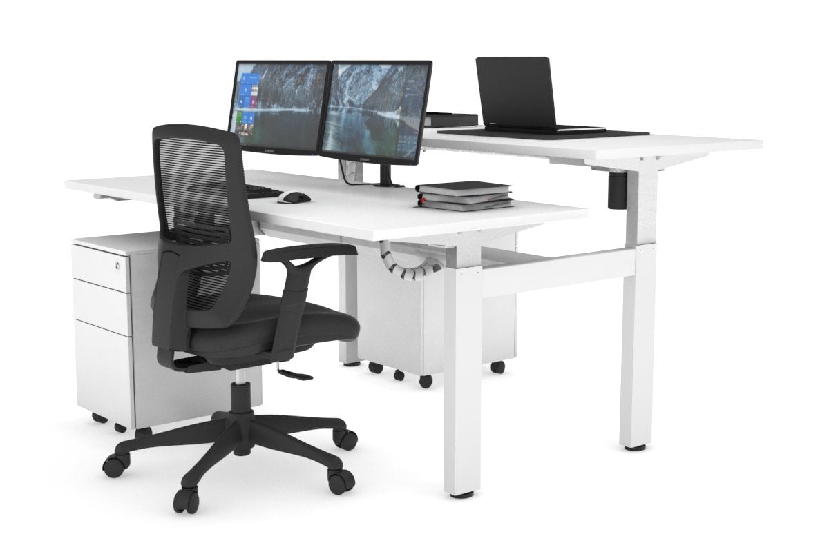 Just Right Height Adjustable 2 Person H-Bench Workstation - White Frame [1200L x 700W] Jasonl white none white cable tray