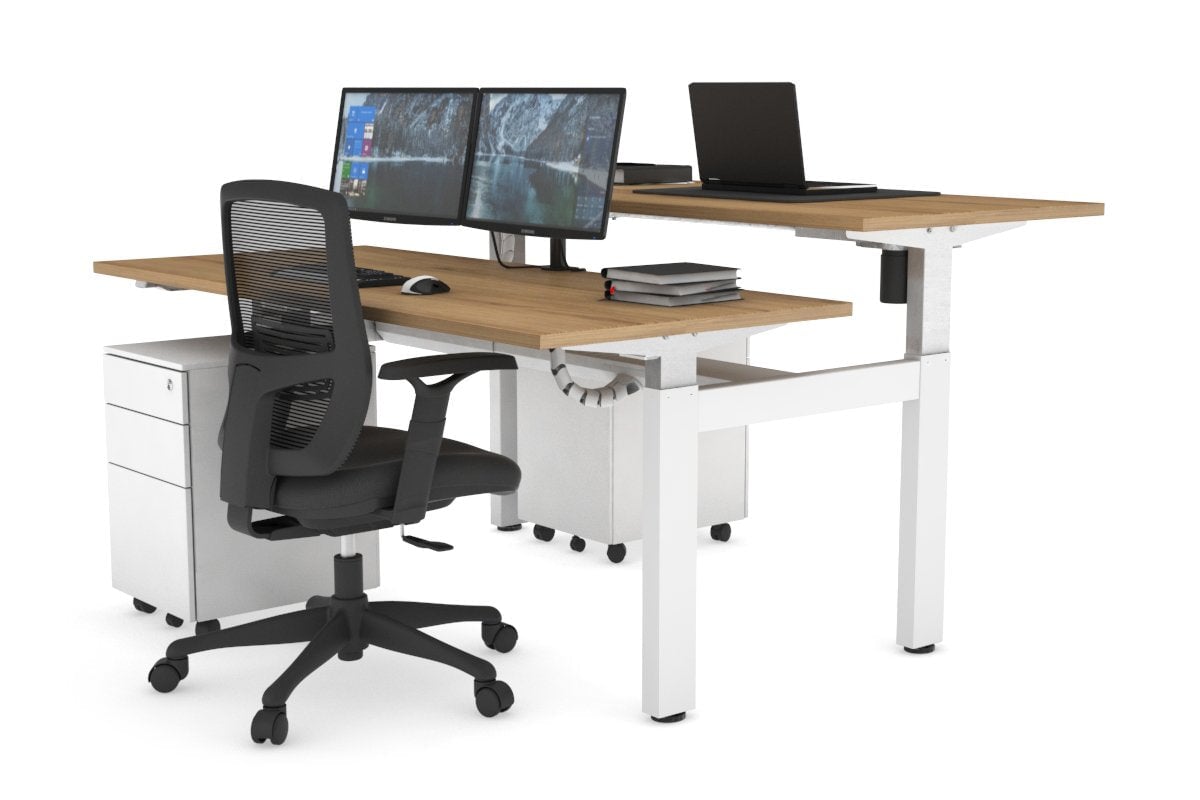 Just Right Height Adjustable 2 Person H-Bench Workstation - White Frame [1200L x 700W] Jasonl salvage oak none white cable tray