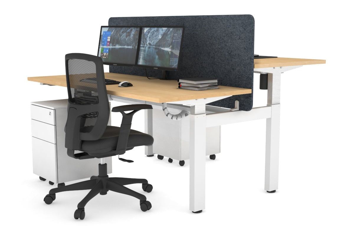 Just Right Height Adjustable 2 Person H-Bench Workstation - White Frame [1200L x 700W] Jasonl maple dark grey echo panel (820H x 1200W) white cable tray