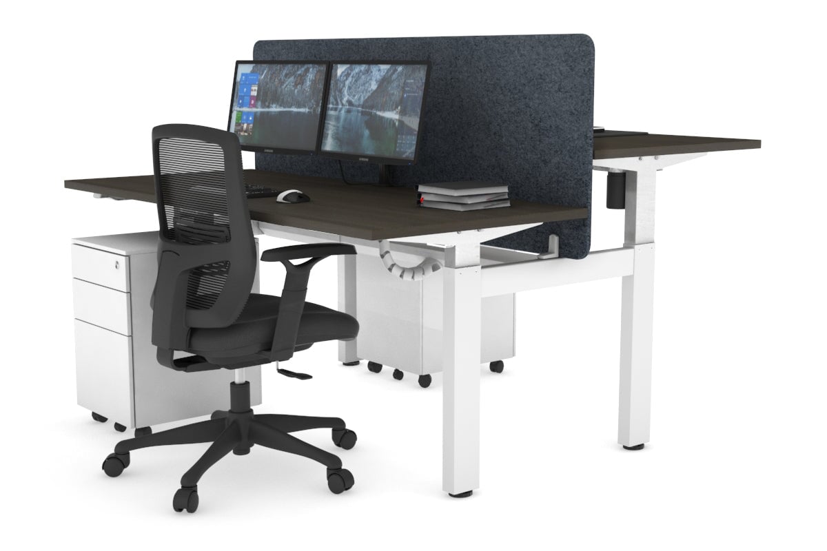 Just Right Height Adjustable 2 Person H-Bench Workstation - White Frame [1200L x 700W] Jasonl dark oak dark grey echo panel (820H x 1200W) white cable tray