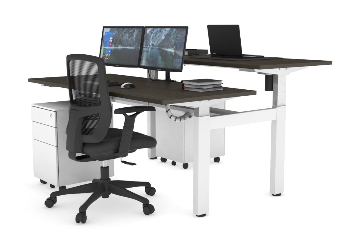 Just Right Height Adjustable 2 Person H-Bench Workstation - White Frame [1200L x 700W] Jasonl dark oak none white cable tray