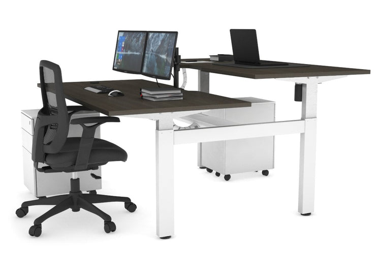 Just Right Height Adjustable 2 Person H-Bench Workstation - White Frame [1200L x 800W with Cable Scallop] Jasonl dark oak none white cable tray