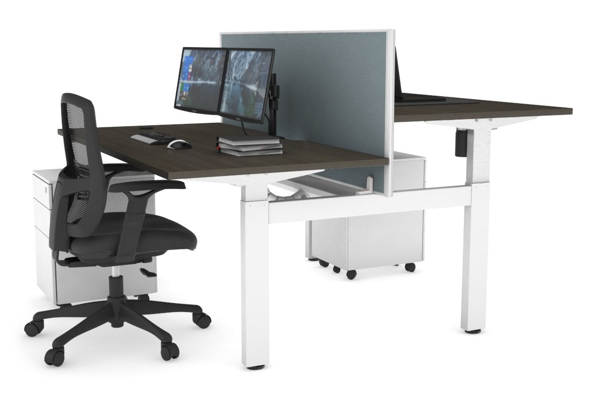 Just Right Height Adjustable 2 Person H-Bench Workstation - White Frame [1200L x 800W with Cable Scallop] Jasonl dark oak cool grey (820H x 1200W) white cable tray