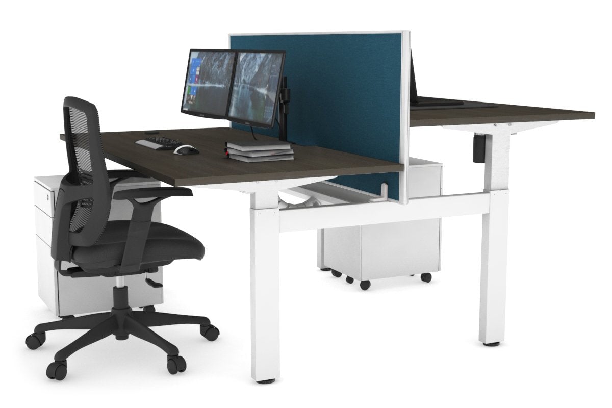 Just Right Height Adjustable 2 Person H-Bench Workstation - White Frame [1200L x 800W with Cable Scallop] Jasonl dark oak deep blue (820H x 1200W) white cable tray