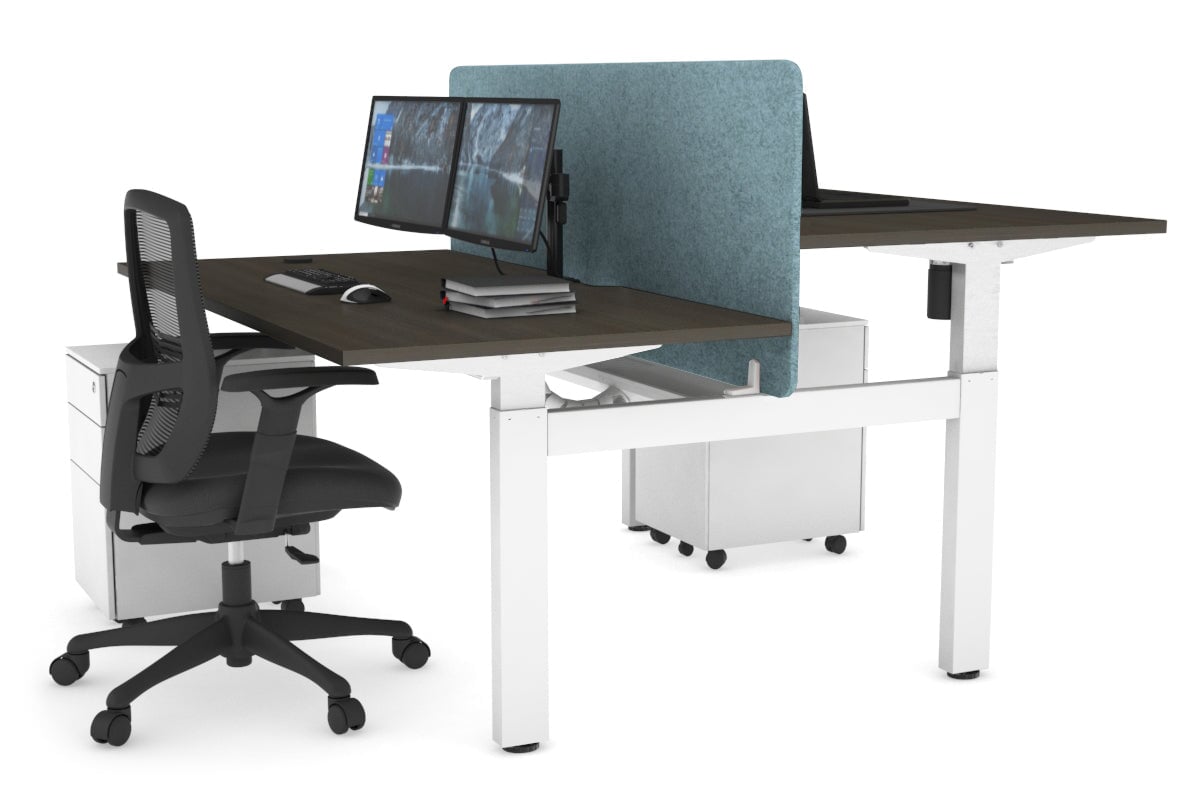 Just Right Height Adjustable 2 Person H-Bench Workstation - White Frame [1200L x 800W with Cable Scallop] Jasonl dark oak blue echo panel (820H x 1200W) white cable tray