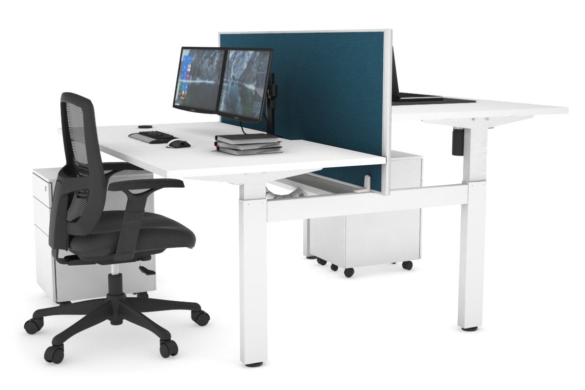 Just Right Height Adjustable 2 Person H-Bench Workstation - White Frame [1200L x 800W with Cable Scallop] Jasonl white deep blue (820H x 1200W) white cable tray