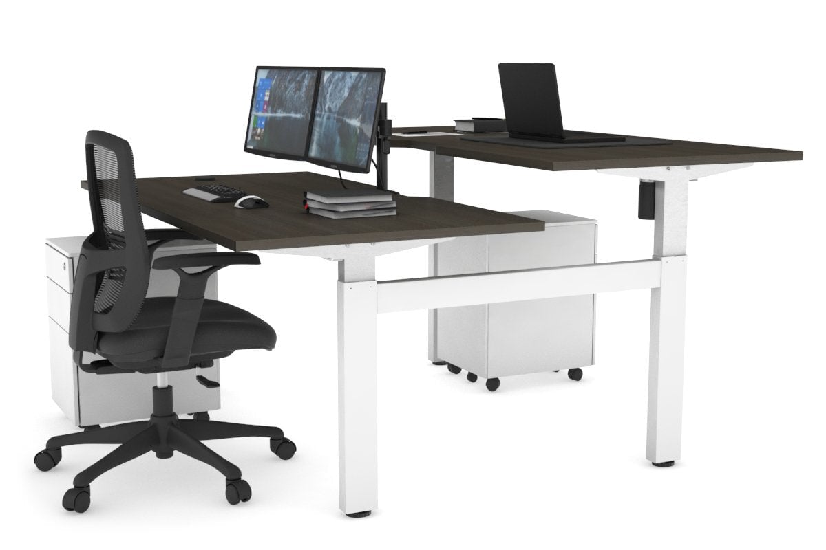 Just Right Height Adjustable 2 Person H-Bench Workstation - White Frame [1200L x 800W with Cable Scallop] Jasonl dark oak none none