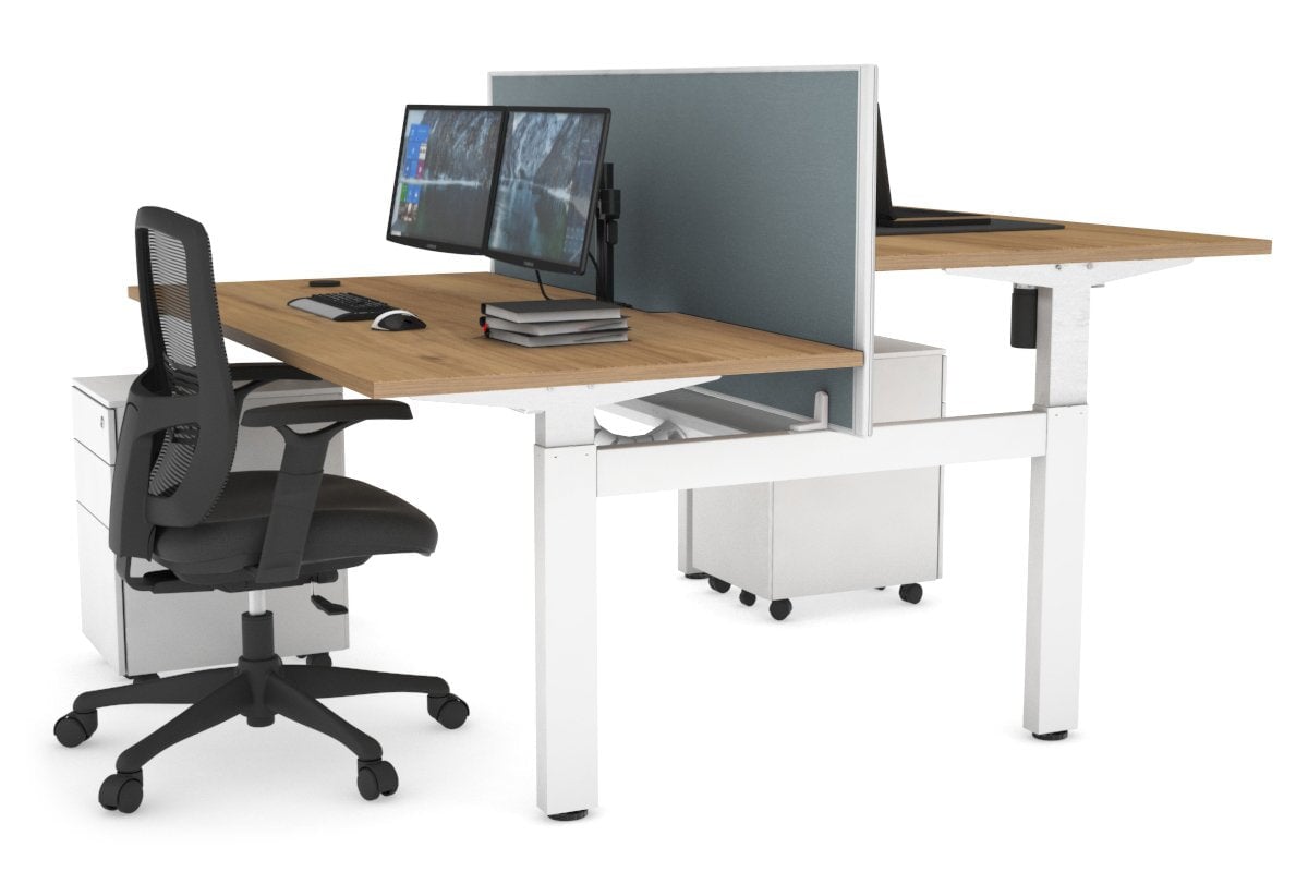 Just Right Height Adjustable 2 Person H-Bench Workstation - White Frame [1200L x 800W with Cable Scallop] Jasonl salvage oak cool grey (820H x 1200W) white cable tray