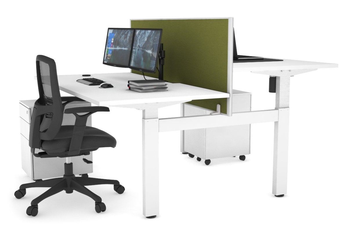 Just Right Height Adjustable 2 Person H-Bench Workstation - White Frame [1200L x 800W with Cable Scallop] Jasonl white green moss (820H x 1200W) none