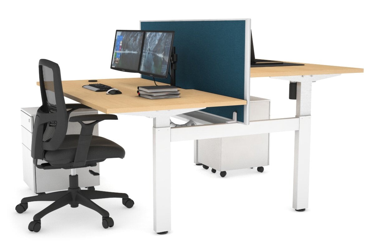 Just Right Height Adjustable 2 Person H-Bench Workstation - White Frame [1200L x 800W with Cable Scallop] Jasonl maple deep blue (820H x 1200W) white cable tray