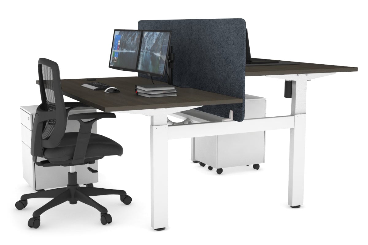 Just Right Height Adjustable 2 Person H-Bench Workstation - White Frame [1200L x 800W with Cable Scallop] Jasonl dark oak dark grey echo panel (820H x 1200W) white cable tray