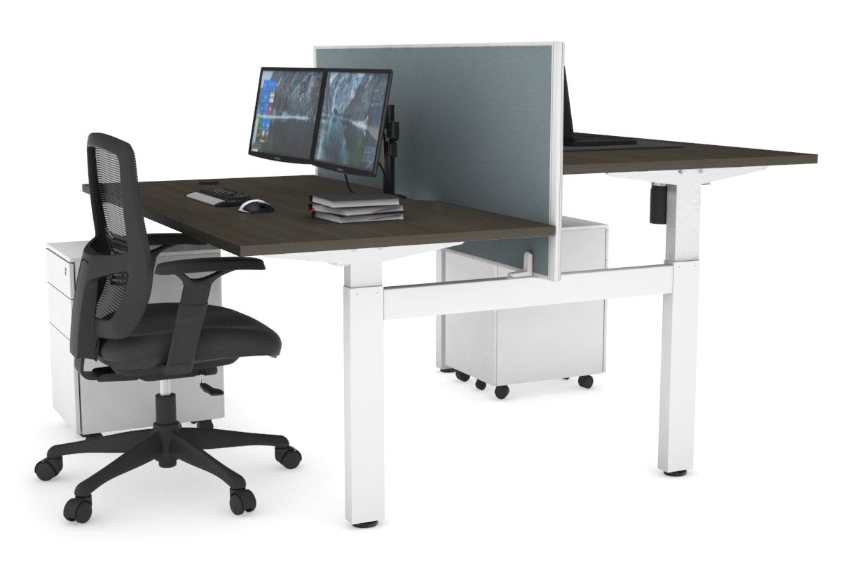 Just Right Height Adjustable 2 Person H-Bench Workstation - White Frame [1200L x 800W with Cable Scallop] Jasonl dark oak cool grey (820H x 1200W) none
