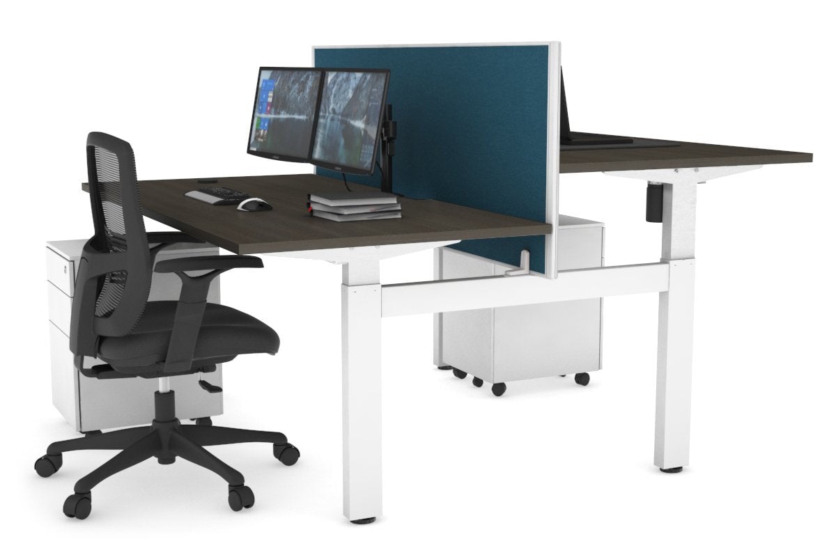 Just Right Height Adjustable 2 Person H-Bench Workstation - White Frame [1200L x 800W with Cable Scallop] Jasonl dark oak deep blue (820H x 1200W) none