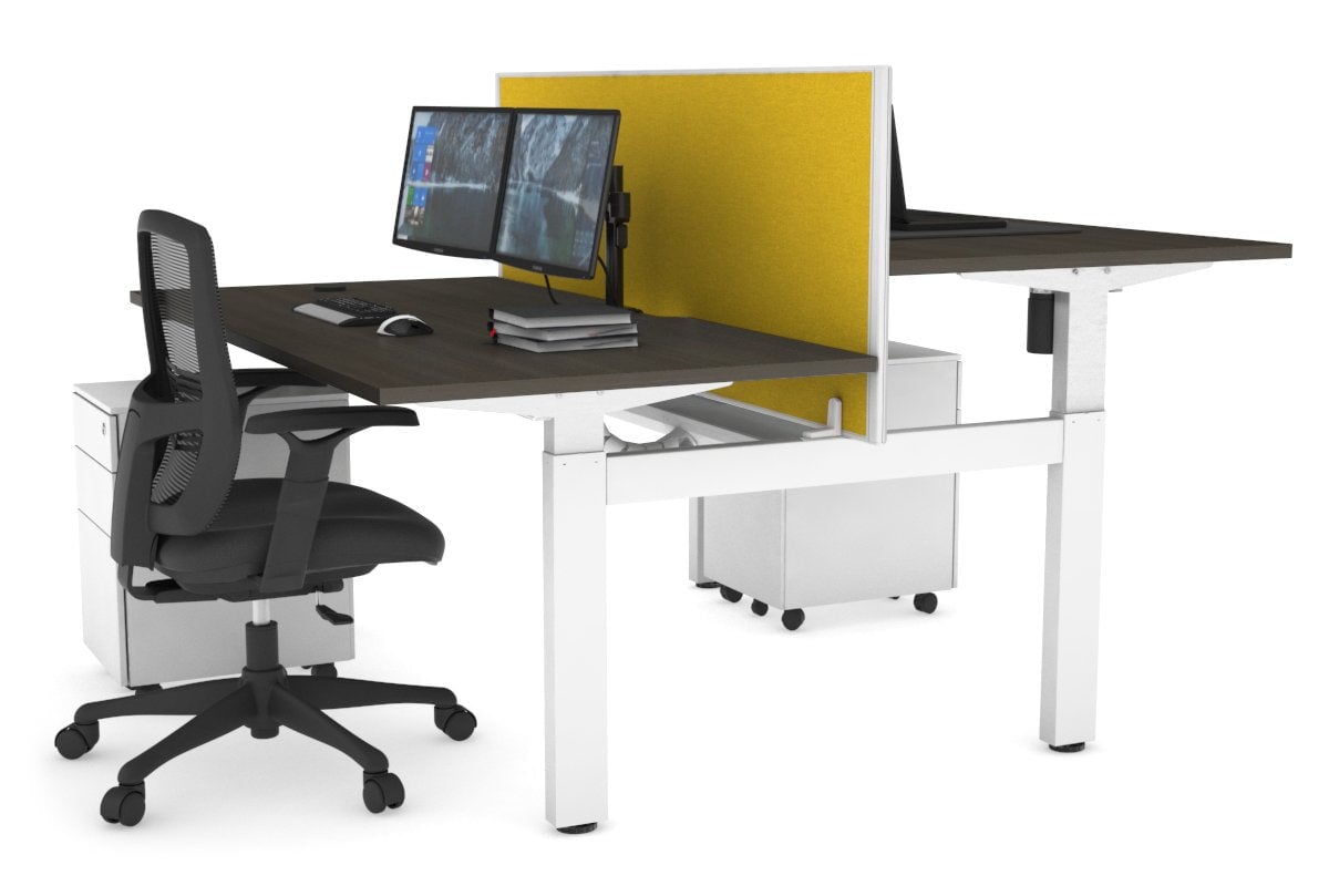Just Right Height Adjustable 2 Person H-Bench Workstation - White Frame [1200L x 800W with Cable Scallop] Jasonl dark oak mustard yellow (820H x 1200W) white cable tray