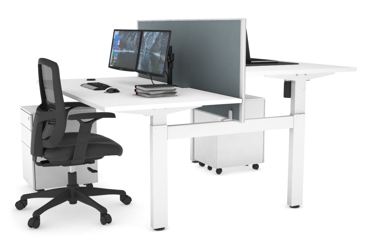 Just Right Height Adjustable 2 Person H-Bench Workstation - White Frame [1200L x 800W with Cable Scallop] Jasonl white cool grey (820H x 1200W) none