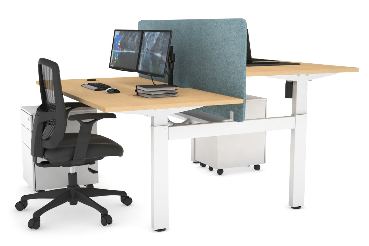 Just Right Height Adjustable 2 Person H-Bench Workstation - White Frame [1200L x 800W with Cable Scallop] Jasonl maple blue echo panel (820H x 1200W) white cable tray