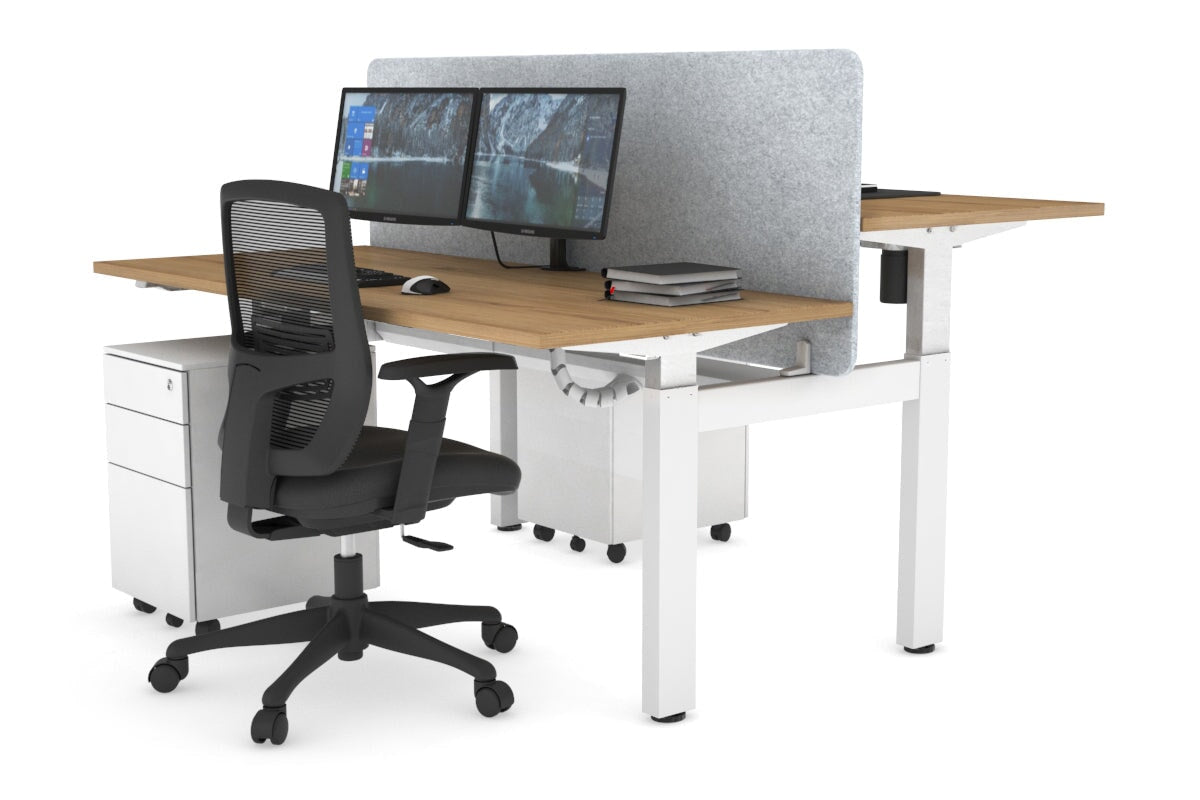 Just Right Height Adjustable 2 Person H-Bench Workstation - White Frame [1600L x 700W] Jasonl salvage oak light grey echo panel (820H x 1600W) white cable tray
