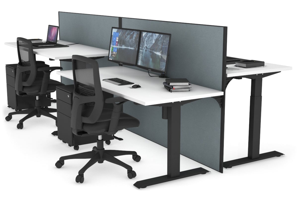 Just Right Height Adjustable 4 Person Bench Workstation [1200L x 700W] Jasonl black leg white cool grey (1200H x 1200W)