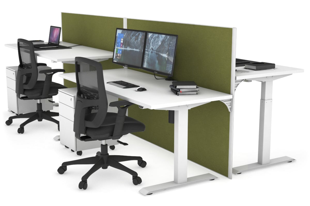 Just Right Height Adjustable 4 Person Bench Workstation [1400L x 700W] Jasonl white leg white green moss (1200H x 1200W)