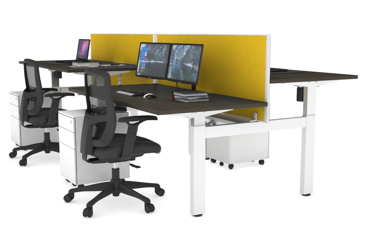 Just Right Height Adjustable 4 Person H-Bench Workstation - White Frame [1600L x 800W] Jasonl dark oak mustard yellow (820H x 1600W) white cable tray