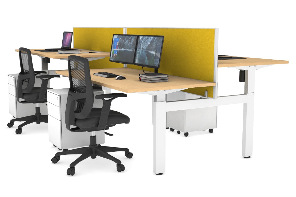 Just Right Height Adjustable 4 Person H-Bench Workstation - White Frame [1600L x 800W] Jasonl maple mustard yellow (820H x 1600W) none