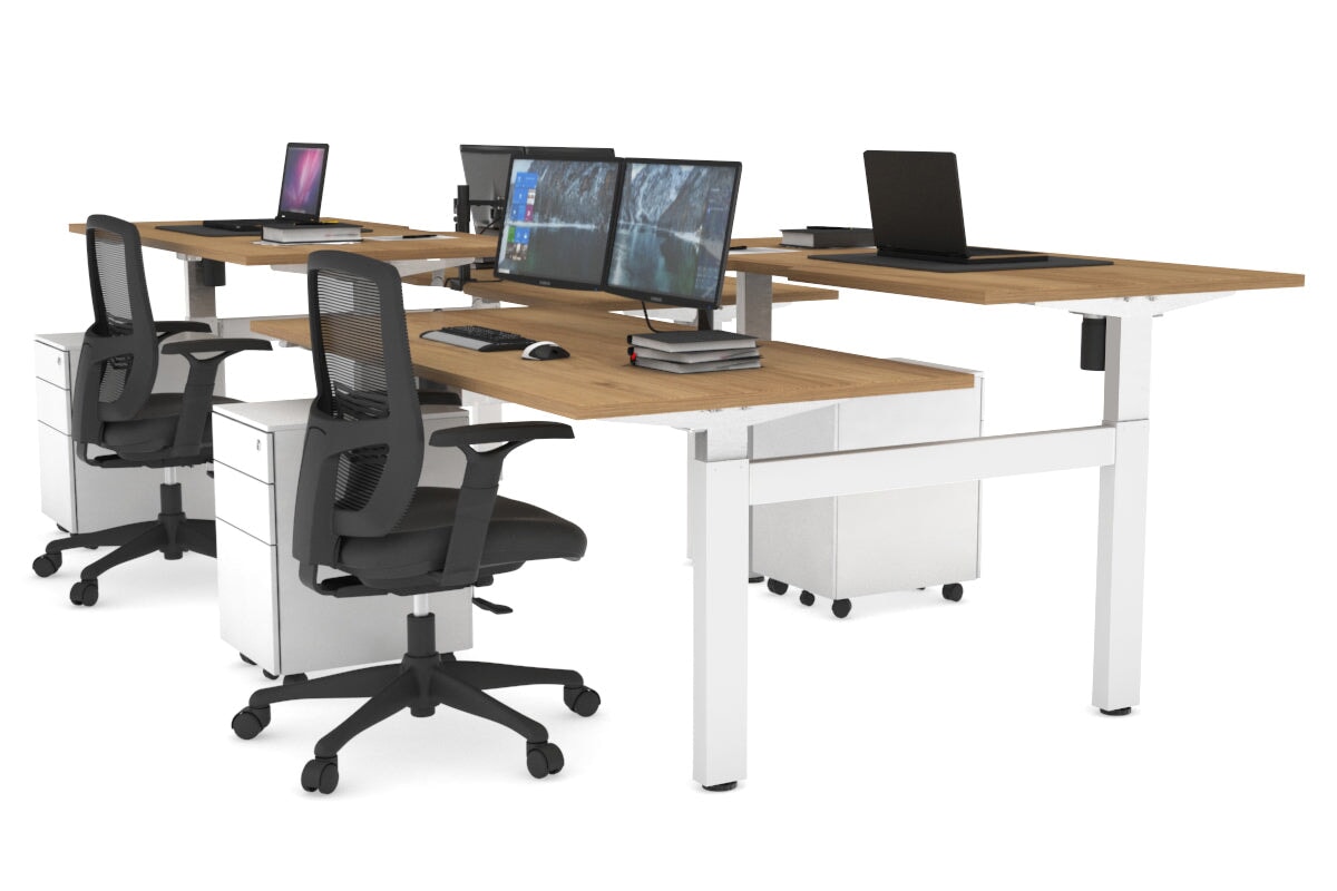 Just Right Height Adjustable 4 Person H-Bench Workstation - White Frame [1600L x 800W] Jasonl salvage oak none none