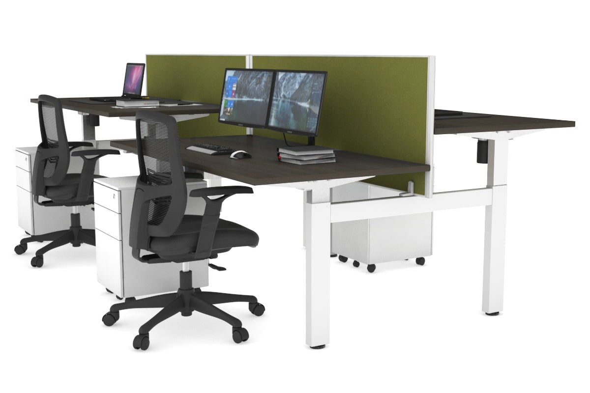 Just Right Height Adjustable 4 Person H-Bench Workstation - White Frame [1600L x 800W] Jasonl dark oak green moss (820H x 1600W) none