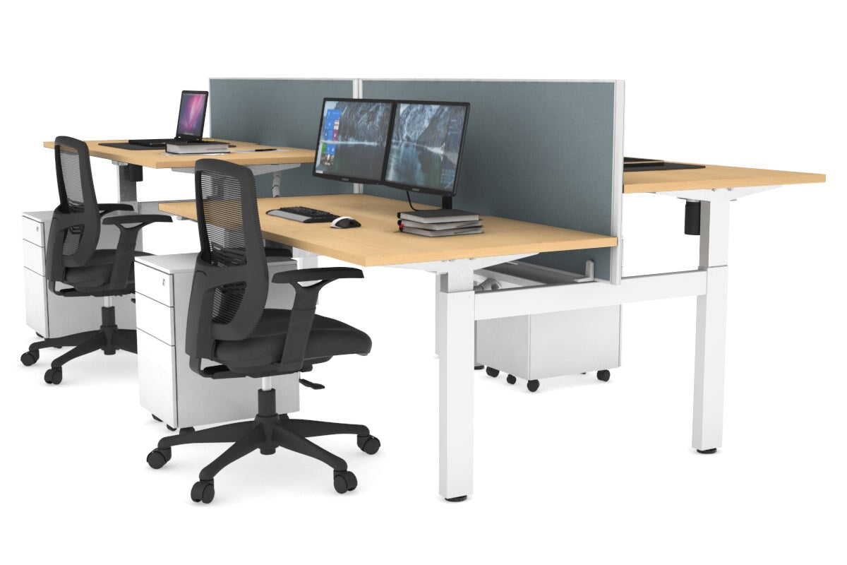 Just Right Height Adjustable 4 Person H-Bench Workstation - White Frame [1600L x 800W] Jasonl maple cool grey (820H x 1600W) white cable tray