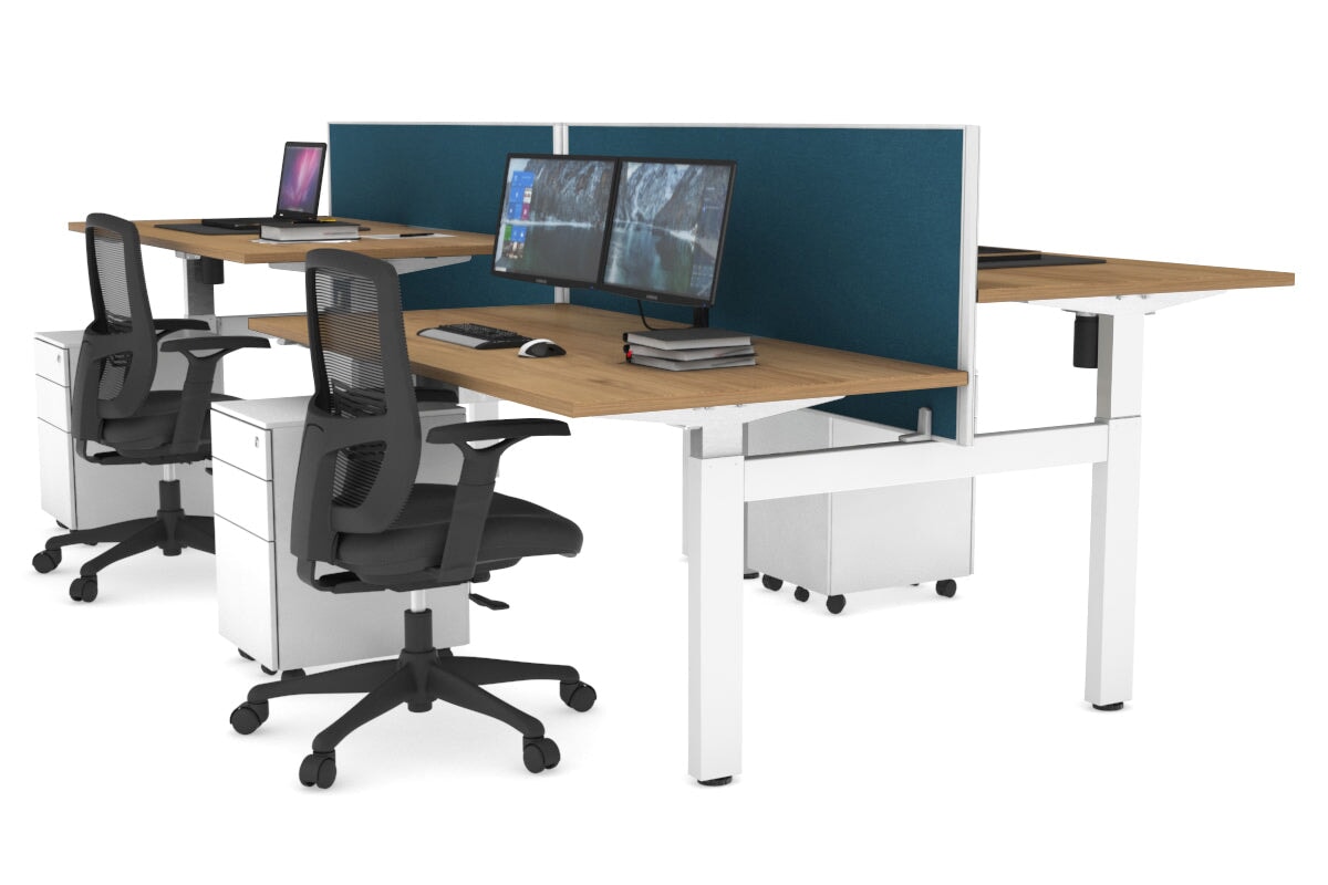 Just Right Height Adjustable 4 Person H-Bench Workstation - White Frame [1600L x 800W] Jasonl salvage oak deep blue (820H x 1600W) none