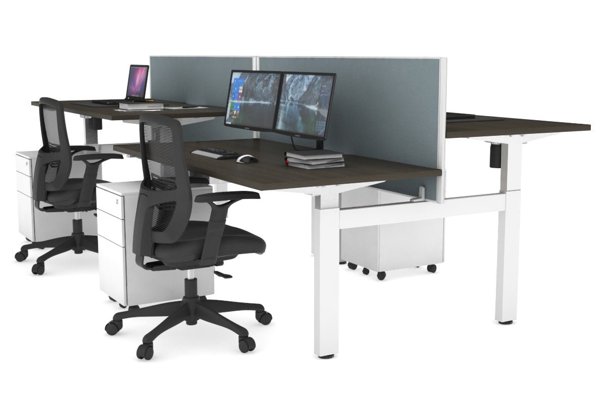 Just Right Height Adjustable 4 Person H-Bench Workstation - White Frame [1600L x 800W] Jasonl dark oak cool grey (820H x 1600W) none