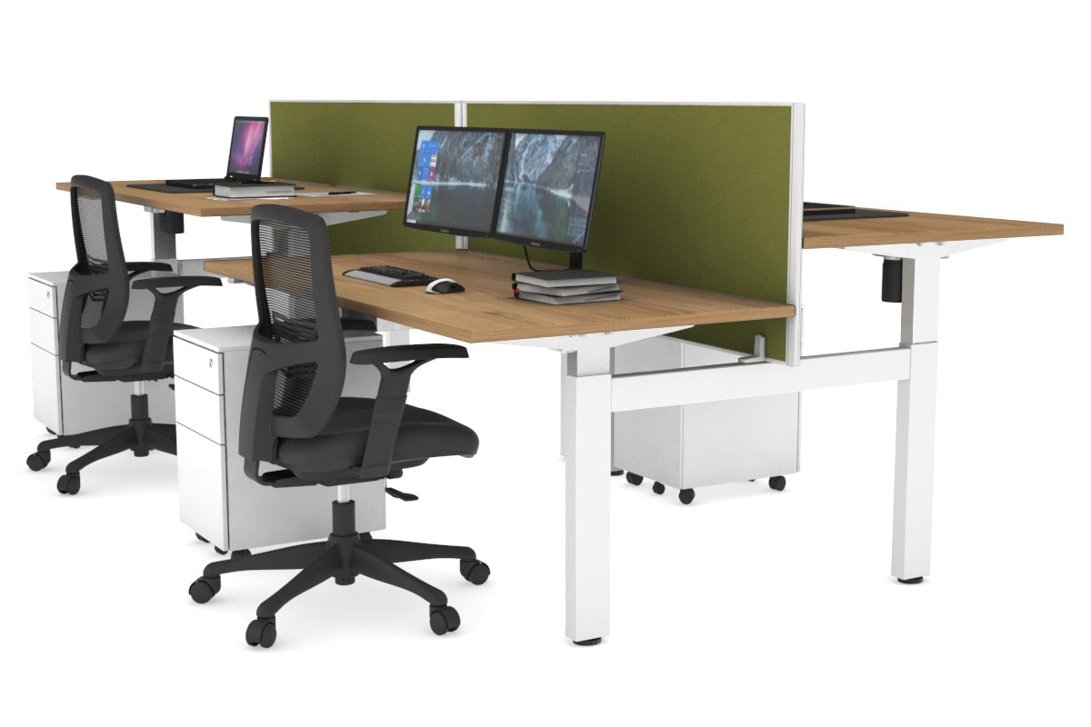 Just Right Height Adjustable 4 Person H-Bench Workstation - White Frame [1600L x 800W] Jasonl salvage oak green moss (820H x 1600W) none