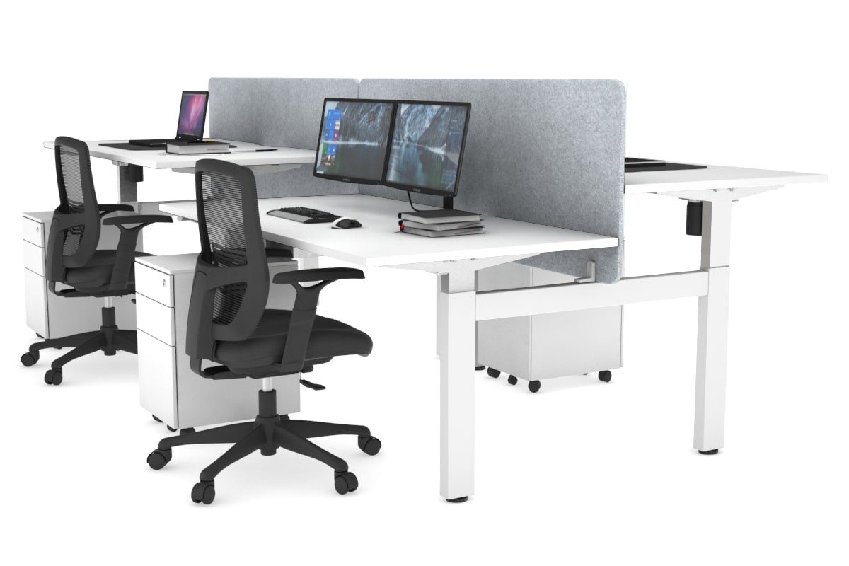 Just Right Height Adjustable 4 Person H-Bench Workstation - White Frame [1600L x 800W] Jasonl white light grey echo panel (820H x 1600W) none