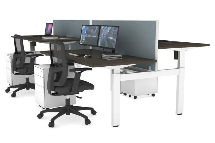 Just Right Height Adjustable 4 Person H-Bench Workstation - White Frame [1600L x 800W] Jasonl dark oak cool grey (820H x 1600W) white cable tray