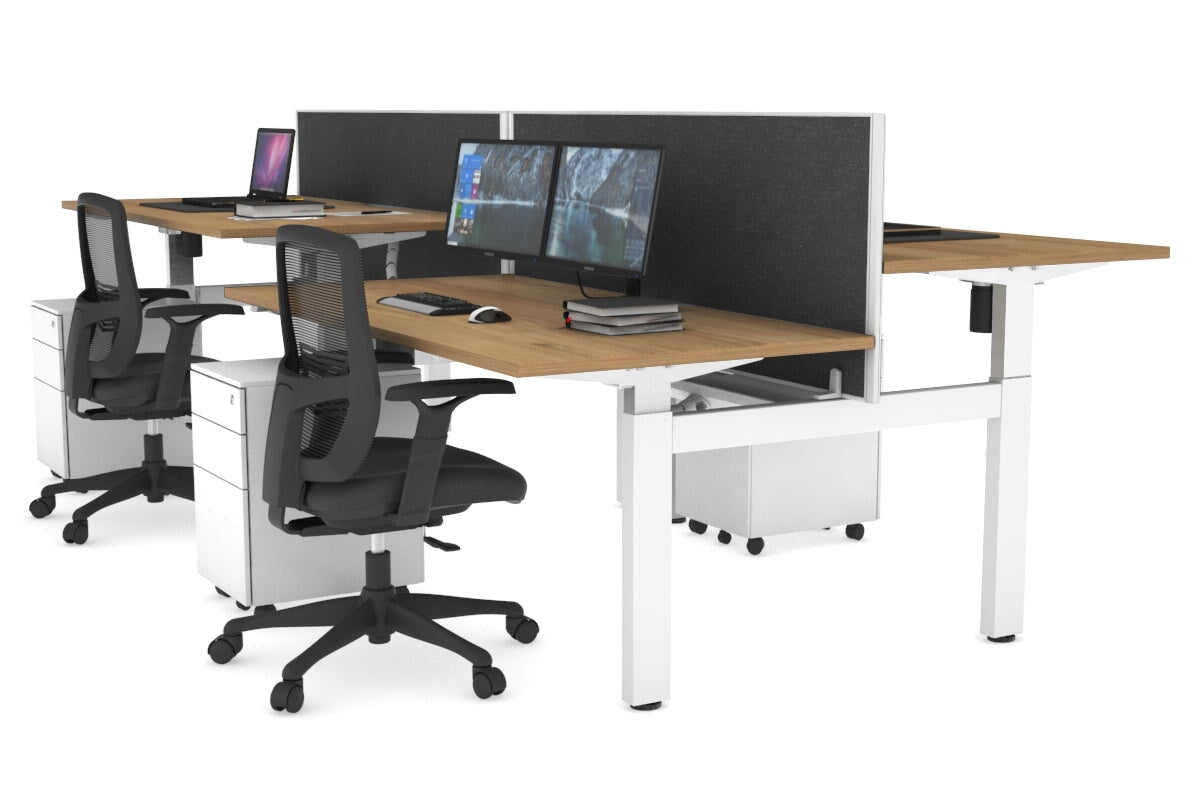 Just Right Height Adjustable 4 Person H-Bench Workstation - White Frame [1600L x 800W] Jasonl salvage oak moody charcoal (820H x 1600W) white cable tray
