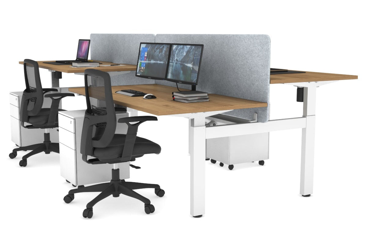 Just Right Height Adjustable 4 Person H-Bench Workstation - White Frame [1600L x 800W] Jasonl salvage oak light grey echo panel (820H x 1600W) white cable tray