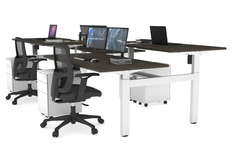 Just Right Height Adjustable 4 Person H-Bench Workstation - White Frame [1600L x 800W] Jasonl dark oak none white cable tray