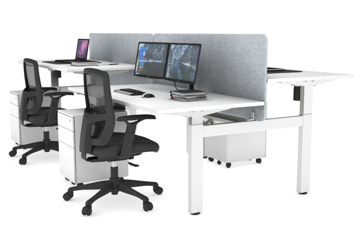 Just Right Height Adjustable 4 Person H-Bench Workstation - White Frame [1600L x 800W] Jasonl white light grey echo panel (820H x 1600W) white cable tray