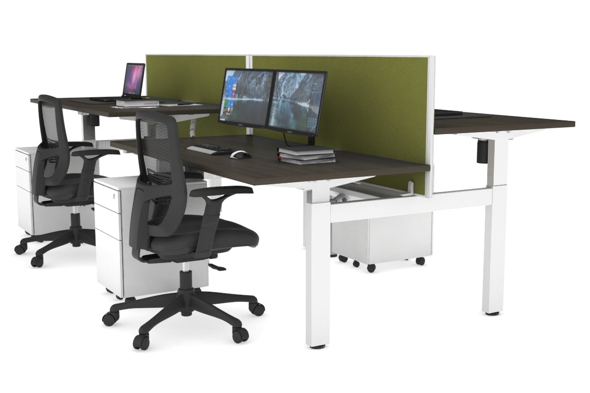 Just Right Height Adjustable 4 Person H-Bench Workstation - White Frame [1600L x 800W] Jasonl dark oak green moss (820H x 1600W) white cable tray