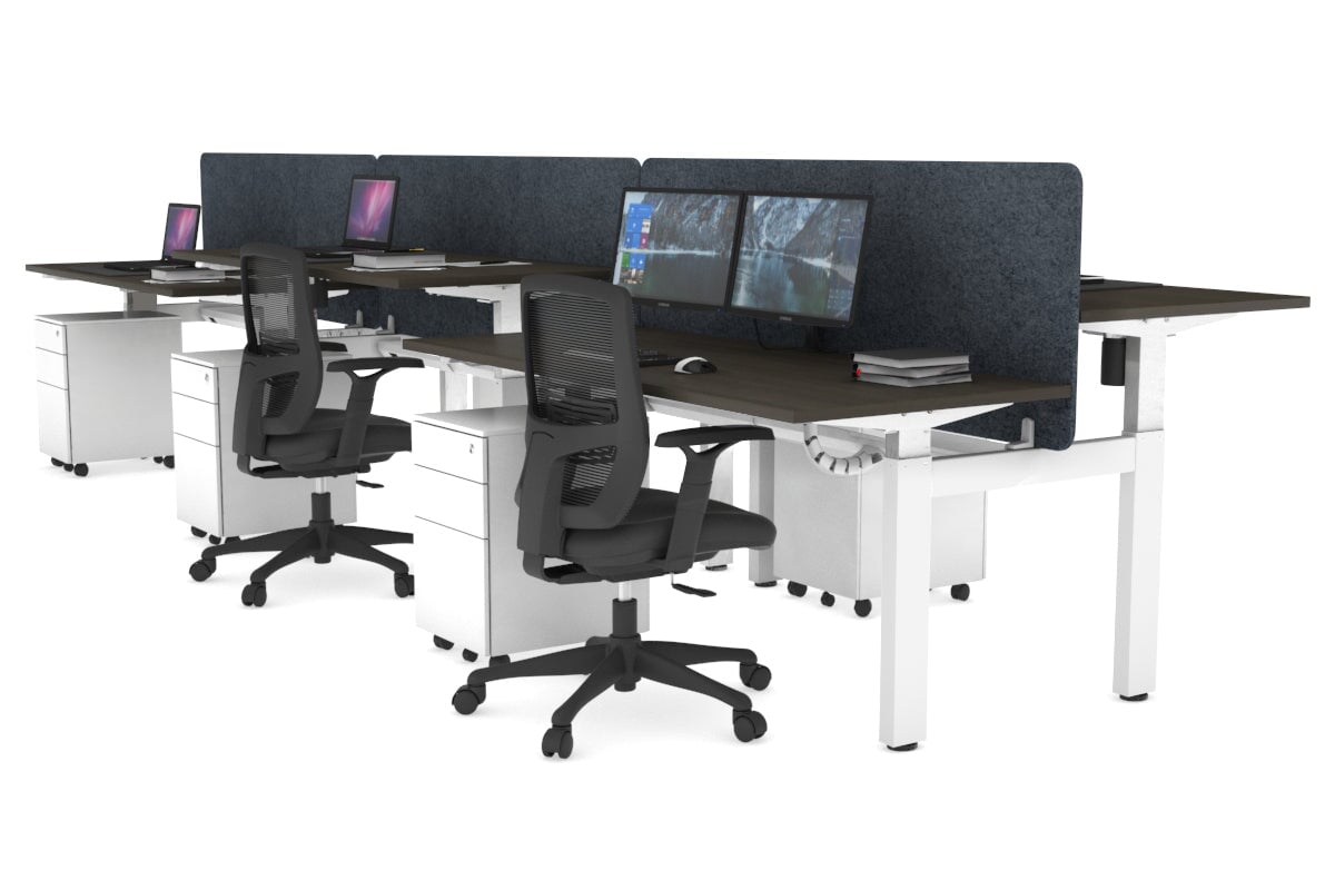 Just Right Height Adjustable 6 Person H-Bench Workstation - White Frame [1200L x 700W] Jasonl dark oak dark grey echo panel (820H x 1200W) white cable tray