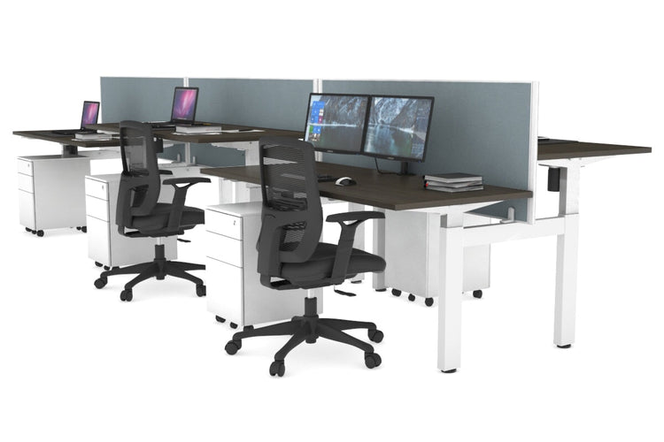 Just Right Height Adjustable 6 Person H-Bench Workstation - White Frame [1200L x 700W] Jasonl dark oak cool grey (820H x 1200W) none
