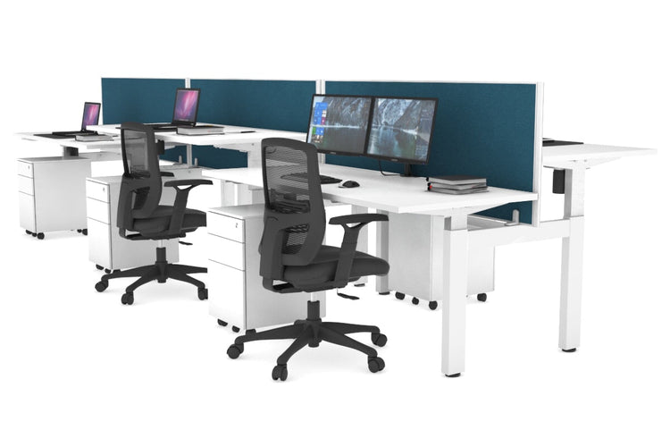 Just Right Height Adjustable 6 Person H-Bench Workstation - White Frame [1200L x 700W] Jasonl white deep blue (820H x 1200W) none