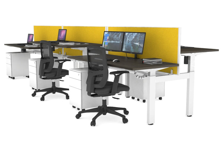 Just Right Height Adjustable 6 Person H-Bench Workstation - White Frame [1200L x 700W] Jasonl dark oak mustard yellow (820H x 1200W) white cable tray